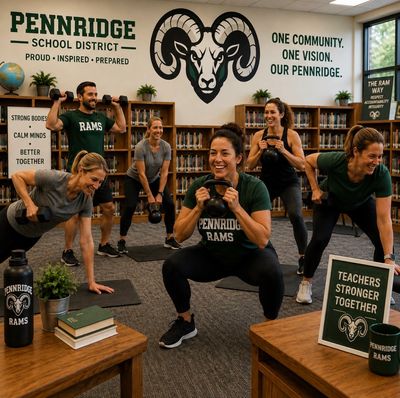Teachers exercising together in a school library.