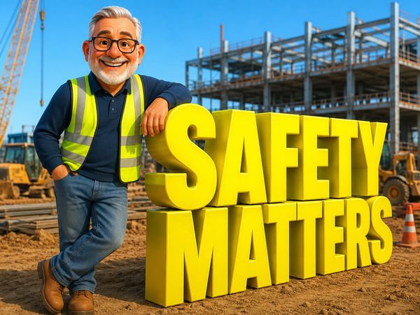 Cartoon construction worker promoting safety at a building site.