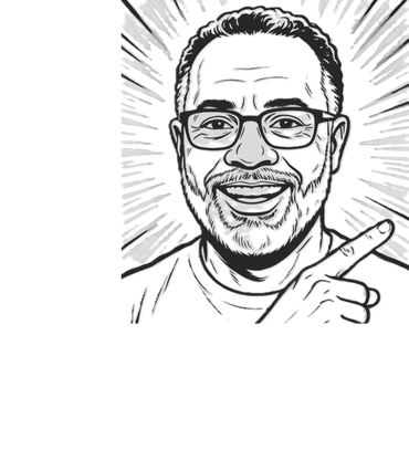 A smiling man with glasses pointing, surrounded by radiant lines.