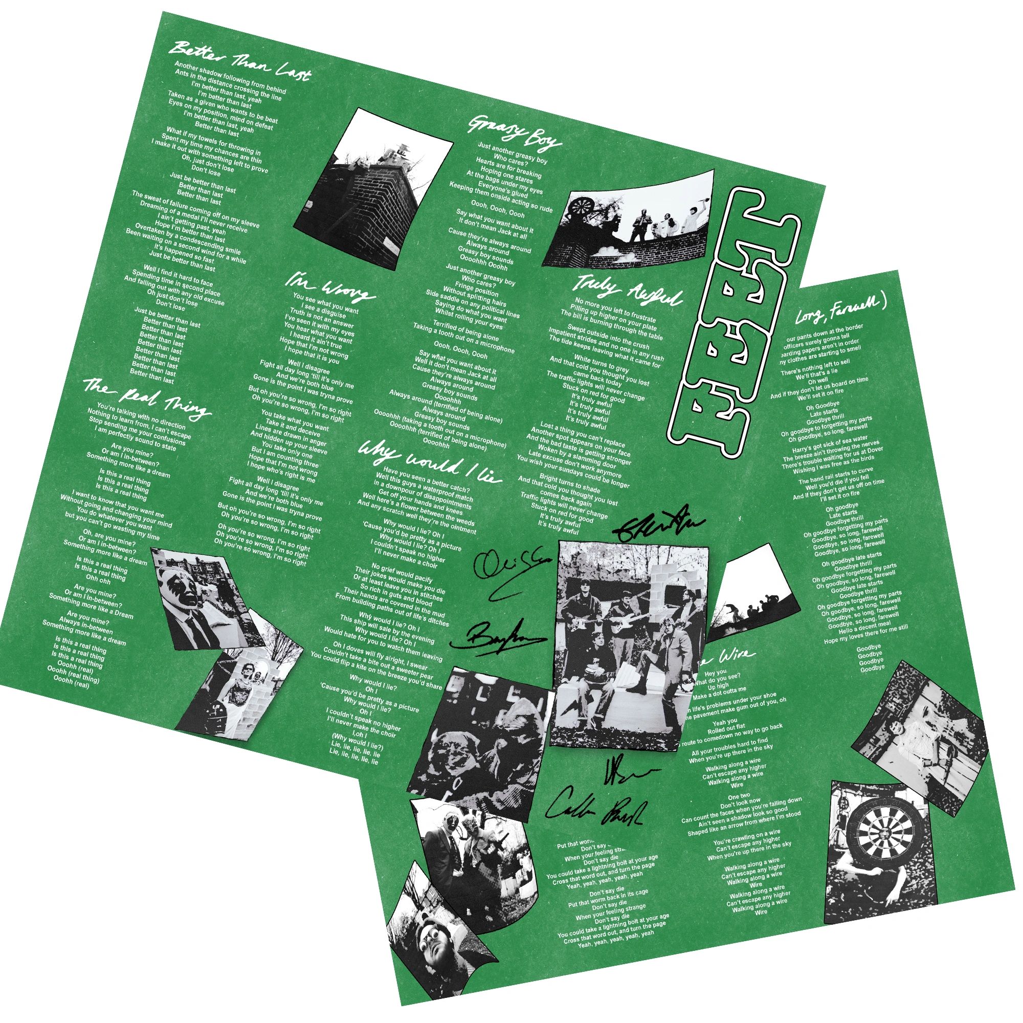 Green album inner sleeve with song lyrics, black-and-white band photos, and autographs.