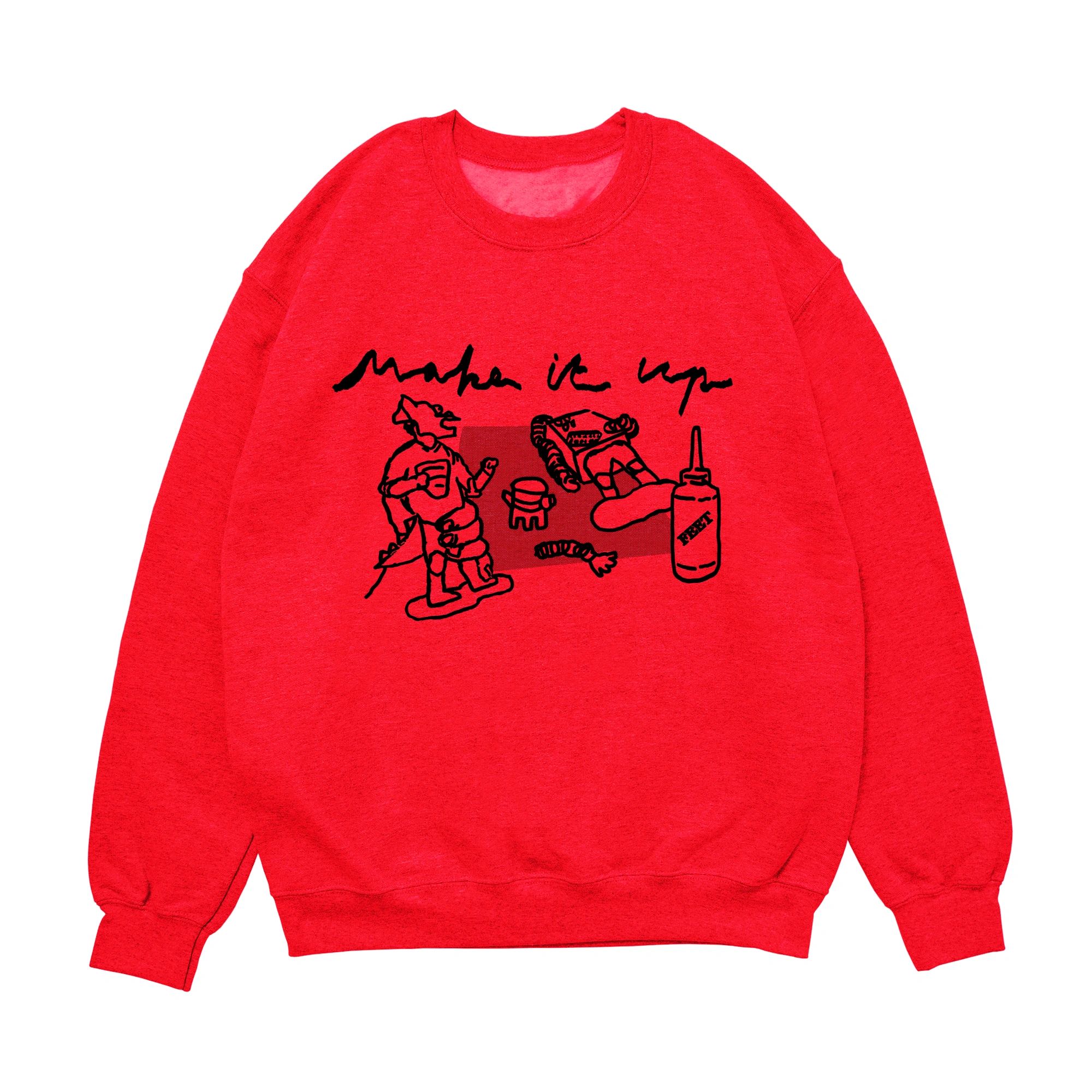 Red sweatshirt with black abstract line art and text design on front.