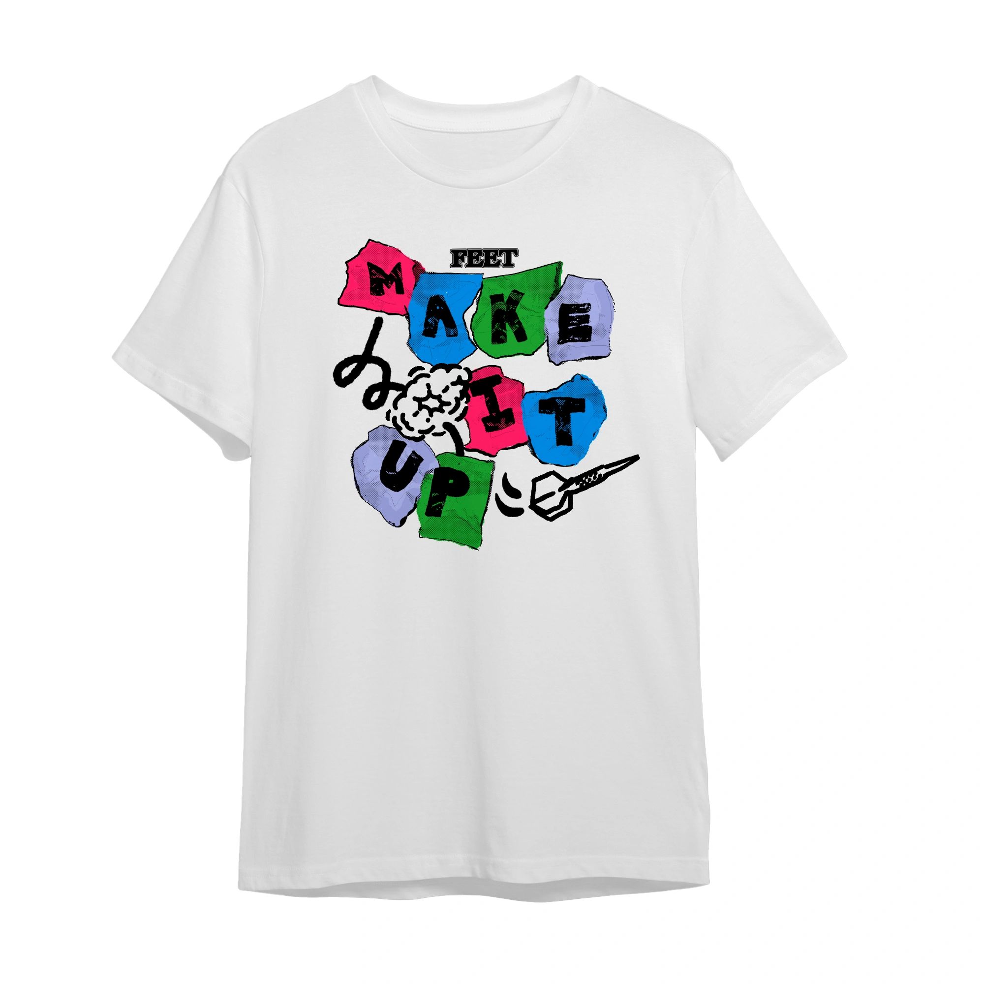 White t-shirt with colorful graphic text "Make it up" and a pointing hand illustration.