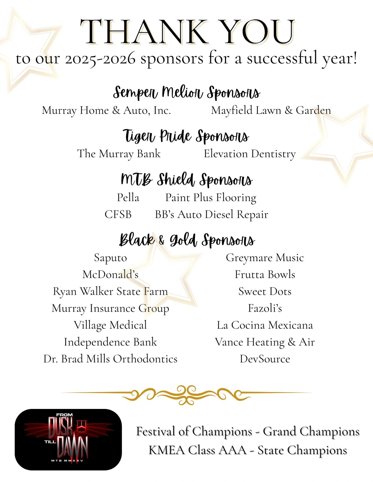 Thank you to the 2025-2026 sponsors for a successful year, listed by sponsorship levels.