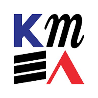 Abstract design with letters K, M, and A in blue, black, and red.