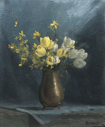 A dark vase with yellow and white flowers against a muted blue background.