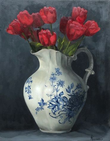 Red Tulips, White Pitcher Vase  with Blue Flower Pattern