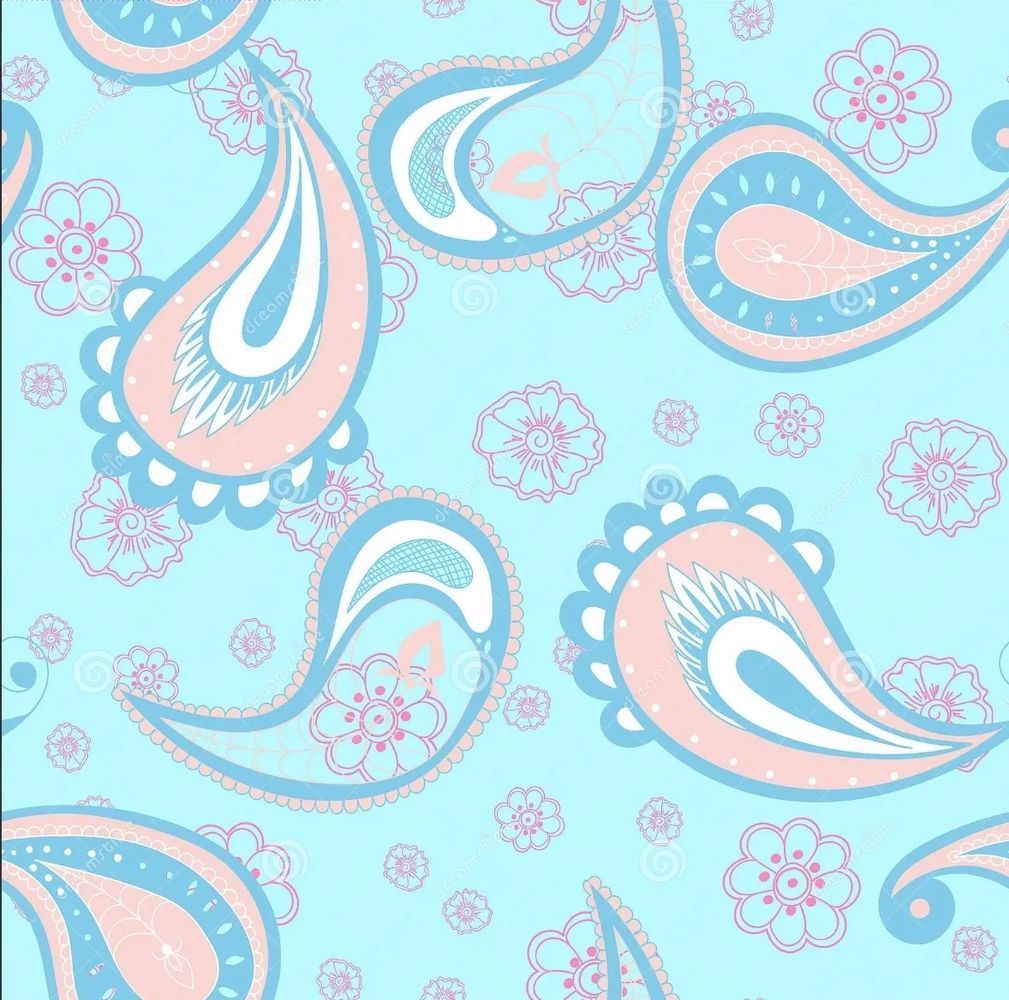 Blue and pink paisley floral pattern on a light blue background.
