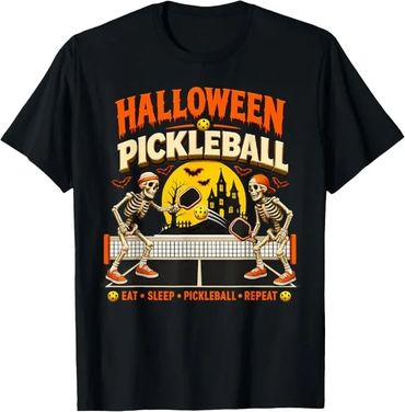 Funny Halloween Pickleball T Shirt Skeleton Pickleball Player Spooky Graphic Tee