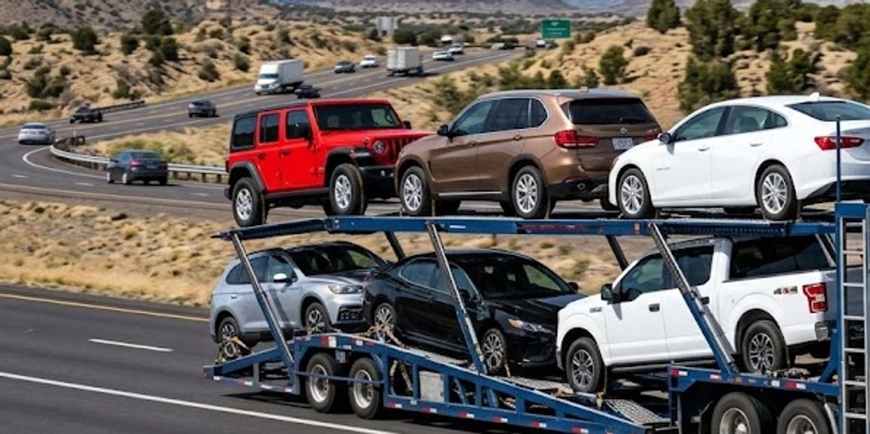 A blue AAS open carrier truck loads vehicles for cross-country transport on a highway.