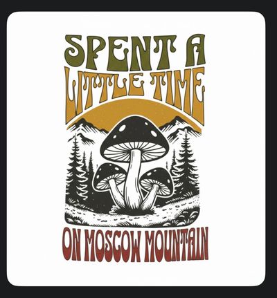 Vintage-style graphic with mushrooms and text about Moscow Mountain.