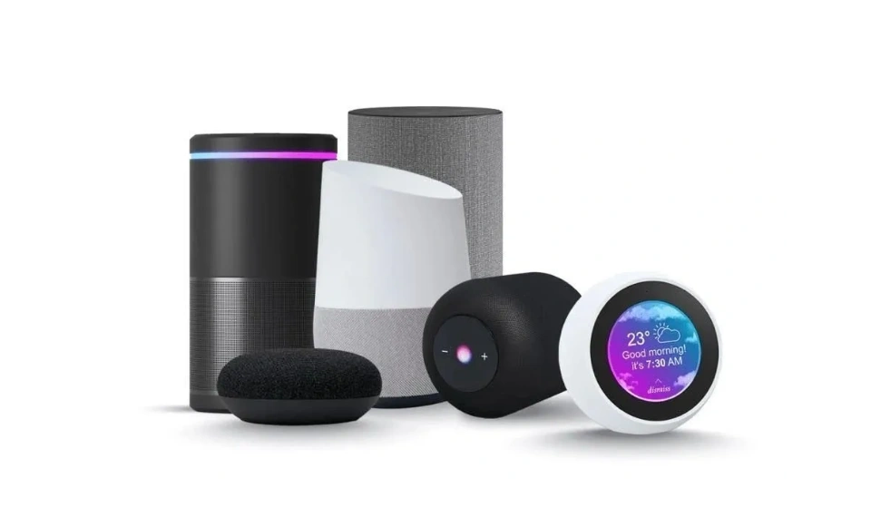 Smart speakers with Amazon Alexa, Siri, Google Assistant, and Google Home.