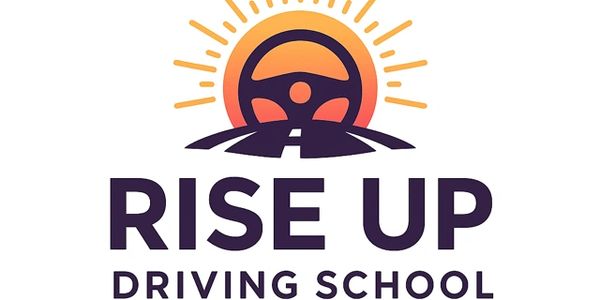 Logo for Rise Up Driving School with steering wheel and sun graphic.
