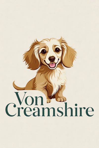 Illustration of a happy dog above the text 'Von Creamshire'.