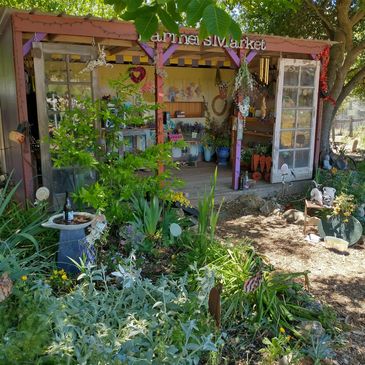 View of our farm stand, our metal farmers market sign, front garden & doorway into the open air shop