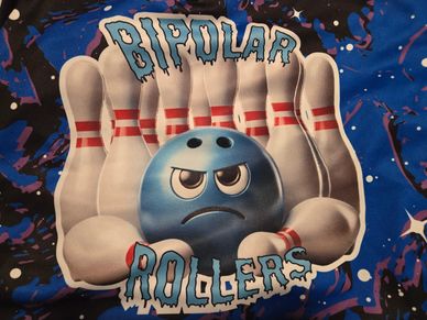 Angry bowling ball and pins with 'Bipolar Rollers' text on a colorful background.