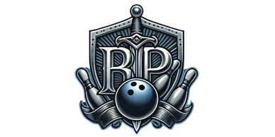 A stylized emblem featuring a sword, bowling pins, and a bowling ball with the letters RP.