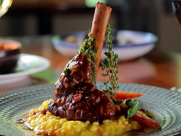 Lamb shank served on saffron risotto with herbs and vegetables.