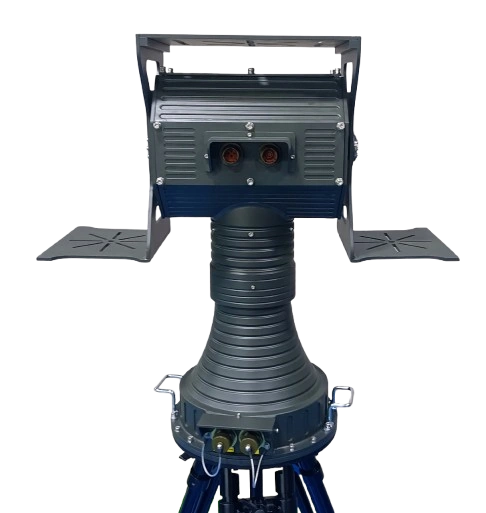 A modern, industrial-looking surveillance or sensor device with multiple components and connectors.