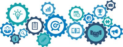 Interconnected gears depicting business and innovation icons.