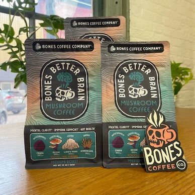 Boxes of Bones Better Brain Mushroom Coffee with a Bones Coffee Co. sticker.