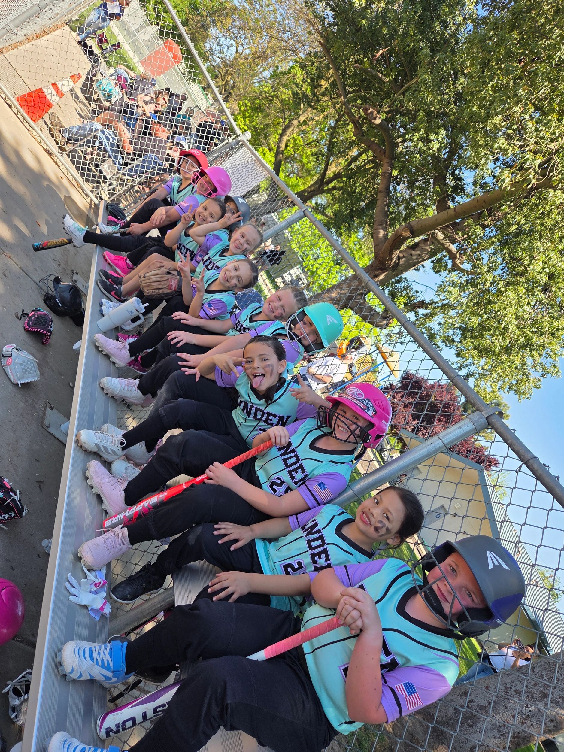 A youth softball team in teal and purple uniforms sitting on bleachers, smiling and posing for the photo.