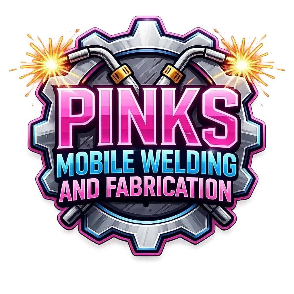 Vibrant logo for Pinks Mobile Welding and Fabrication with welding torches and gear.