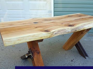 Live Edge Cedar Dining Table with Railway Bas