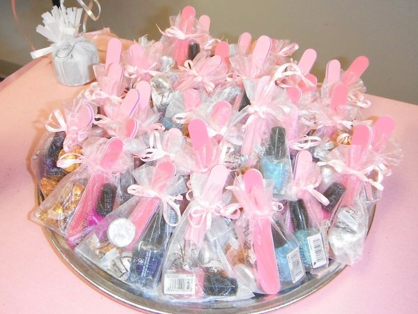 spa goody bags with nail polish and lip gloss