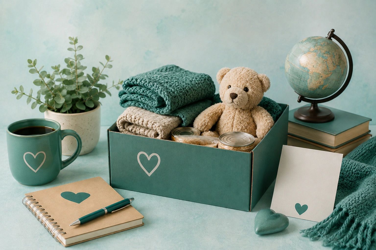 A cozy care package with blankets, teddy bear, canned goods, and heartfelt notes.
