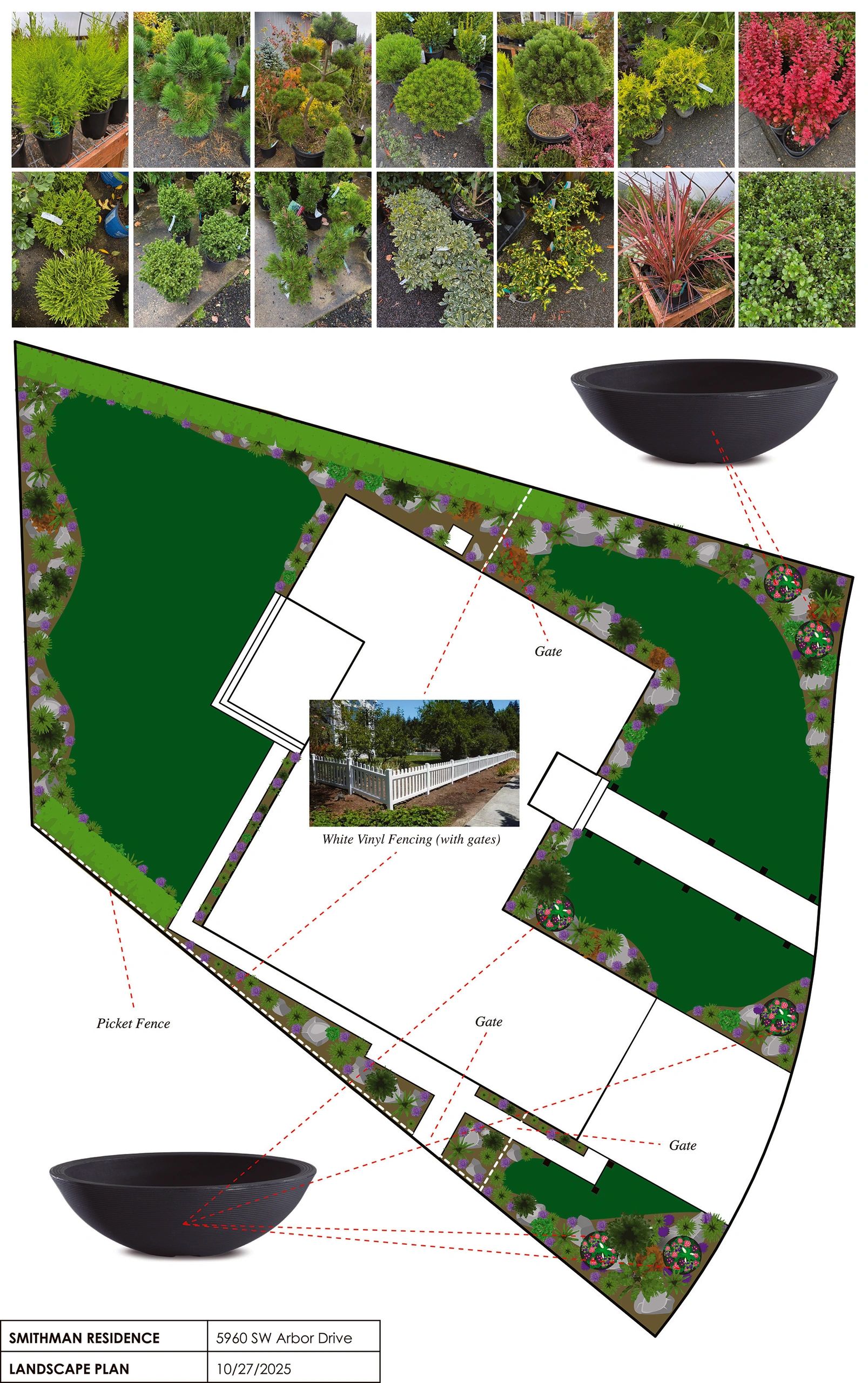 Landscape design plan with plant varieties and fencing details.