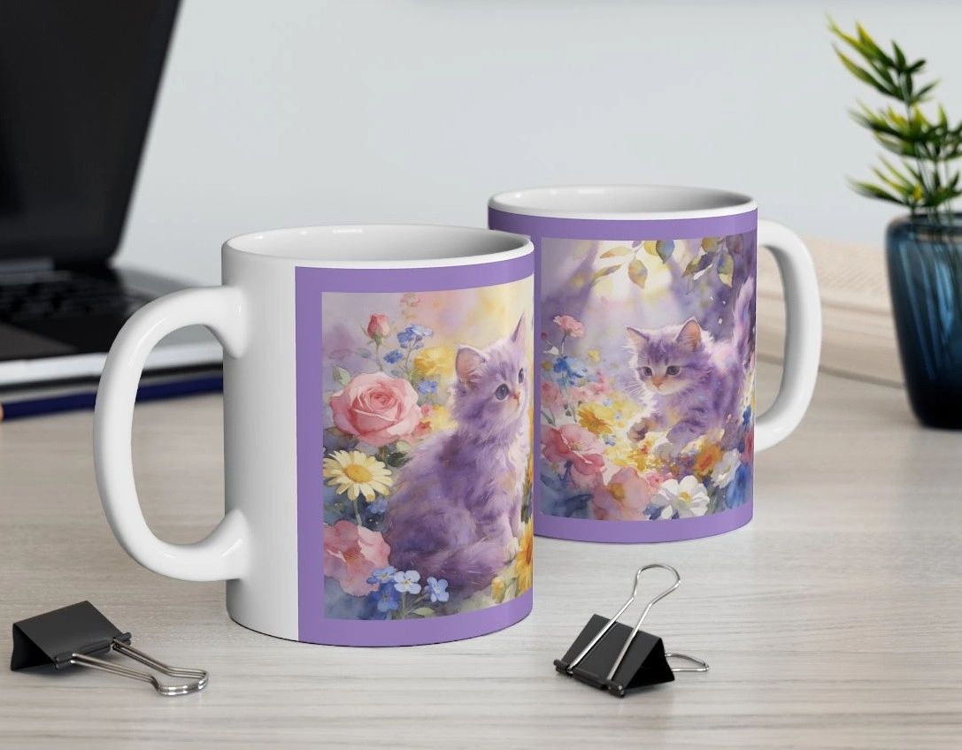 Fantasy Lavender Kittens Flowers Mug | Ceramic Coffee Cup