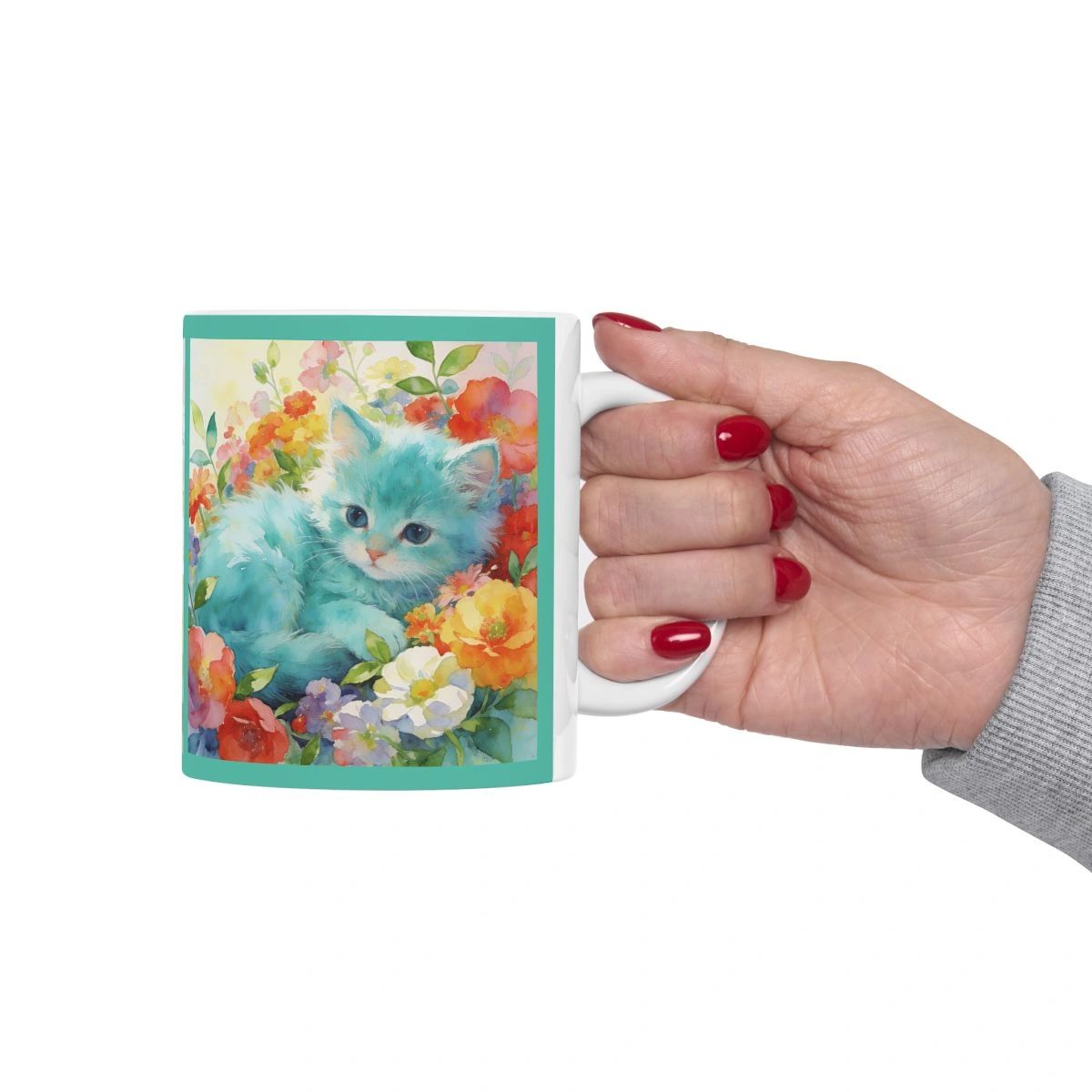 Fantasy Turquoise Kittens Flowers Daisies Mug | Ceramic Coffee Cup