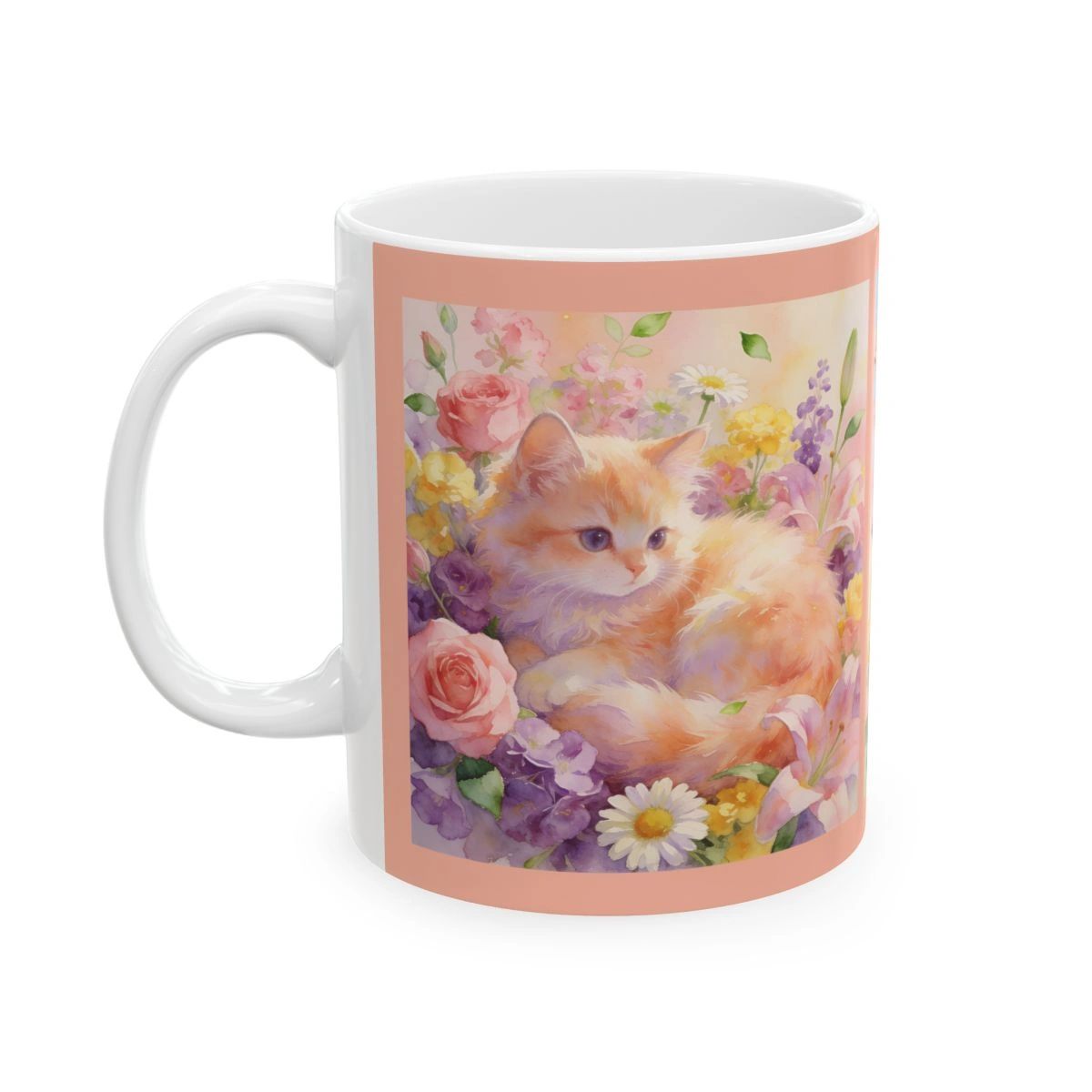 Fantasy Peach Colored Kittens Flowers Mug | Ceramic Coffee Cup
