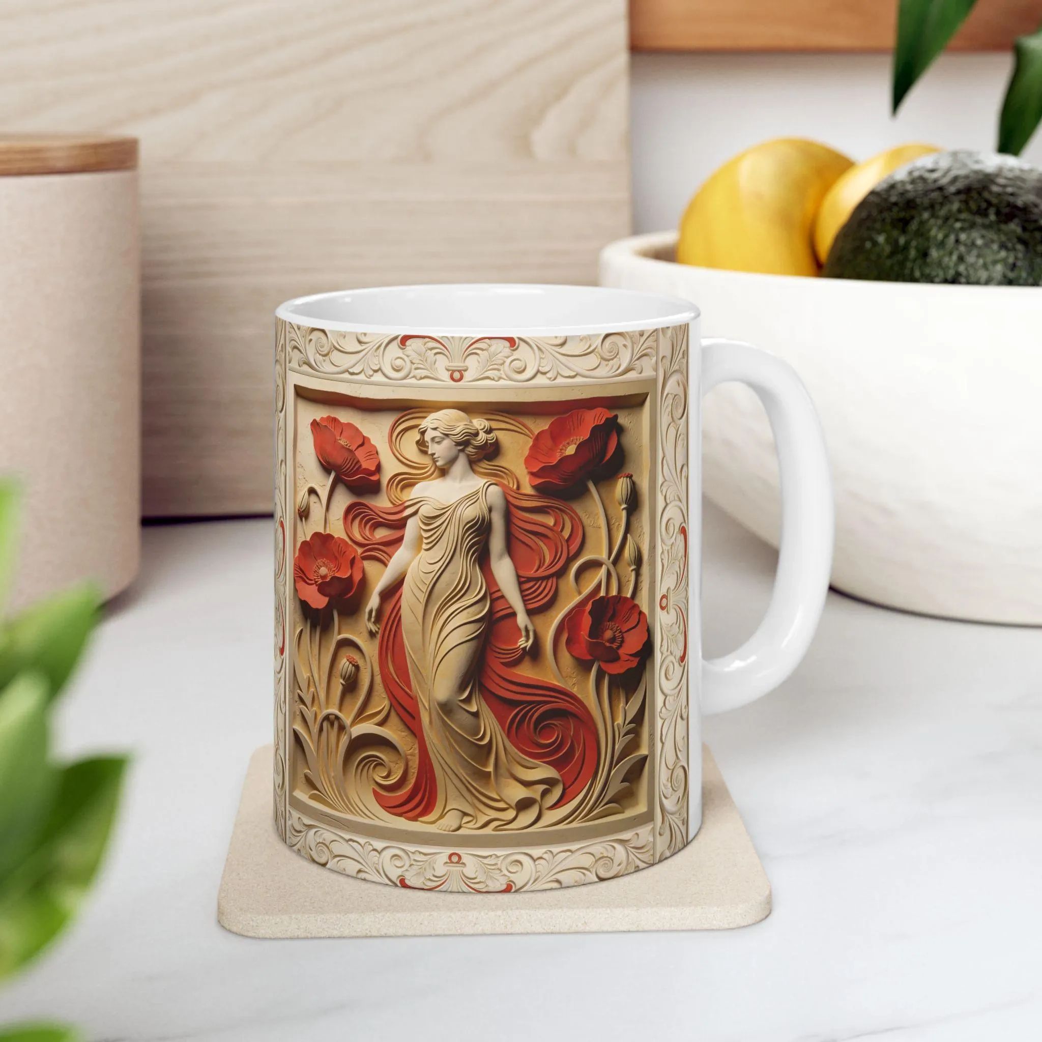 Art Nouveau Carved Poppy Ceramic Mug | Floral Sculpture Design, 11oz