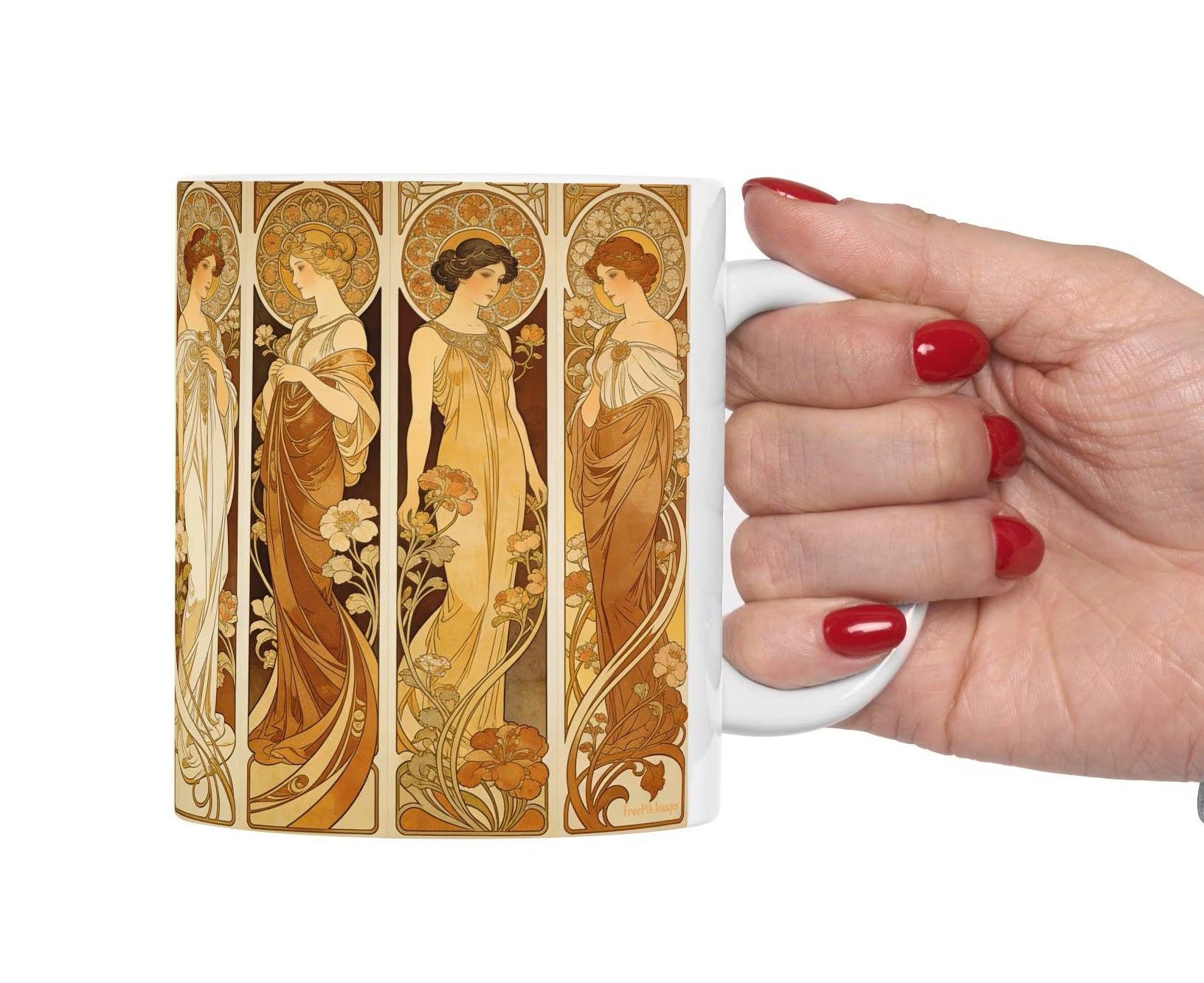 Art Nouveau Floral Panel Mug | Mucha Style Warm Tones Ceramic Cup