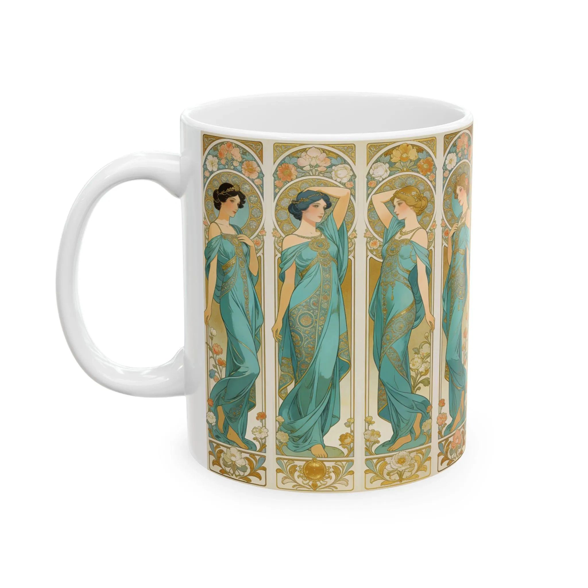 Art Nouveau Ladies Mug | Vintage Floral Panel Ceramic Cup, Mucha Style