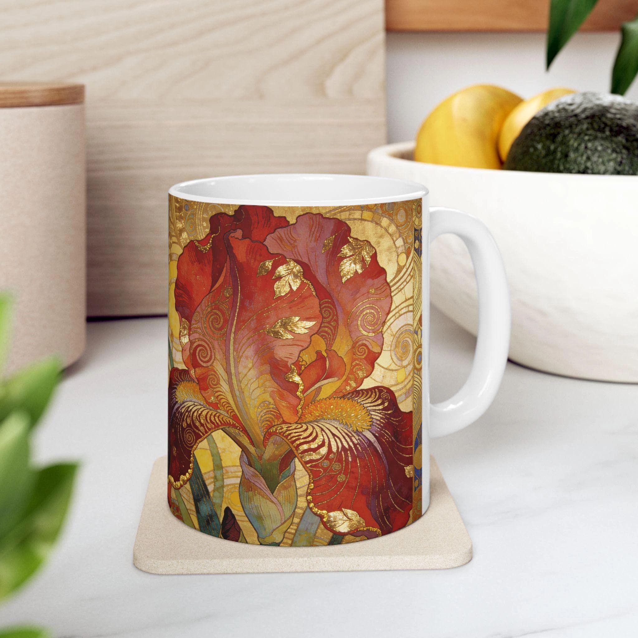 Art Nouveau Floral Iris Mug | Klimt Art Decorative Ceramic Coffee Cup