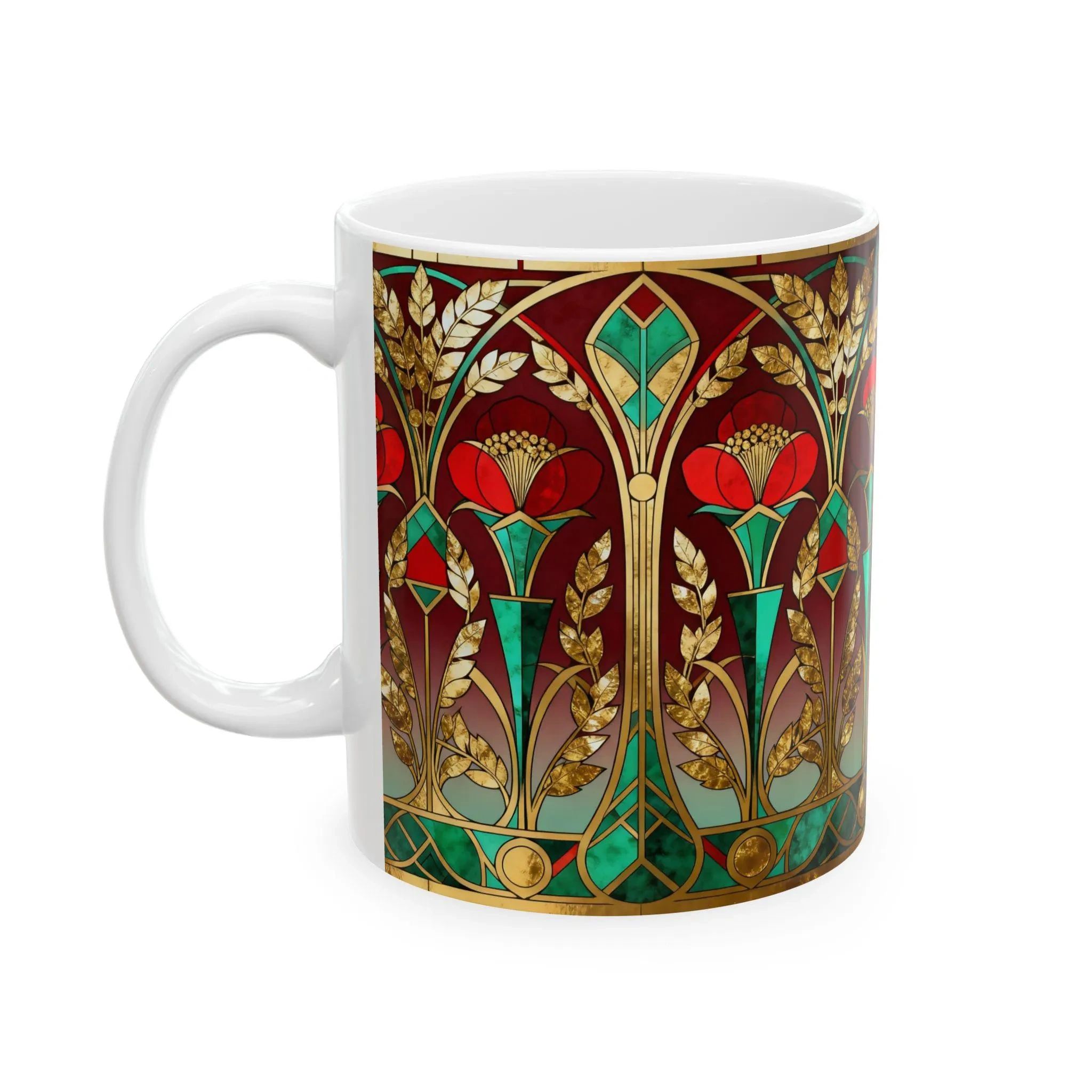 Art Nouveau Floral Mosaic Ornament Mug | Rich Tones, Gold Decorative Ceramic