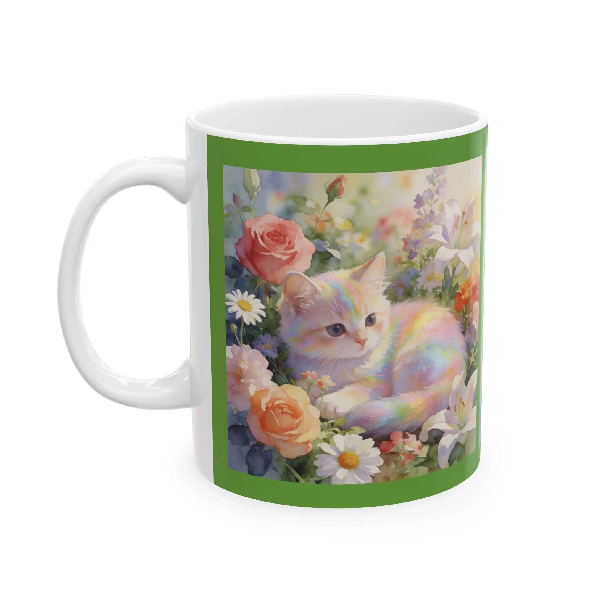 Fantasy Rainbow Kittens Flowers Mug | 11 oz Ceramic Coffee Cup