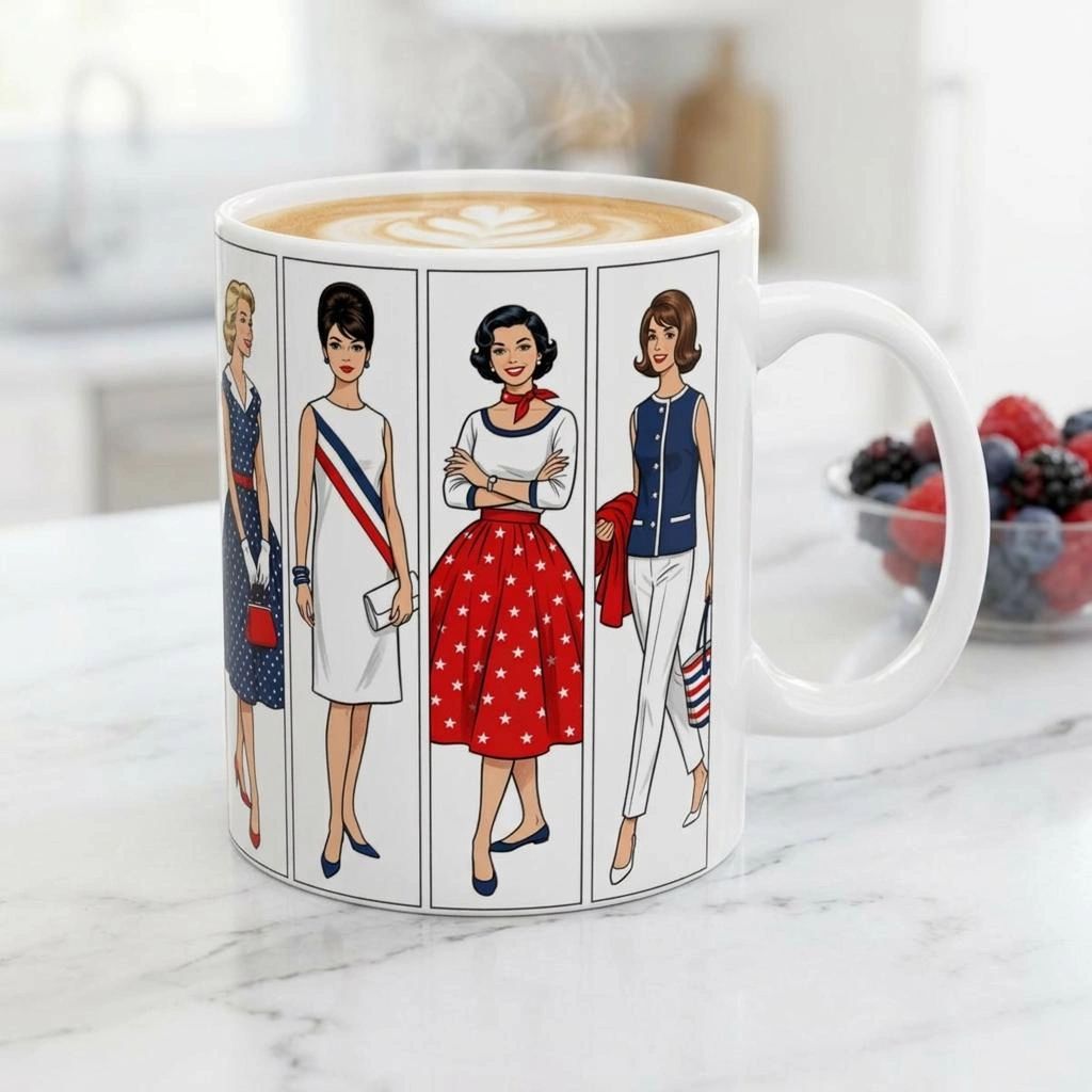 Vintage 60s Patriotic Pinup Women Mug | Ceramic Stars and Stripes