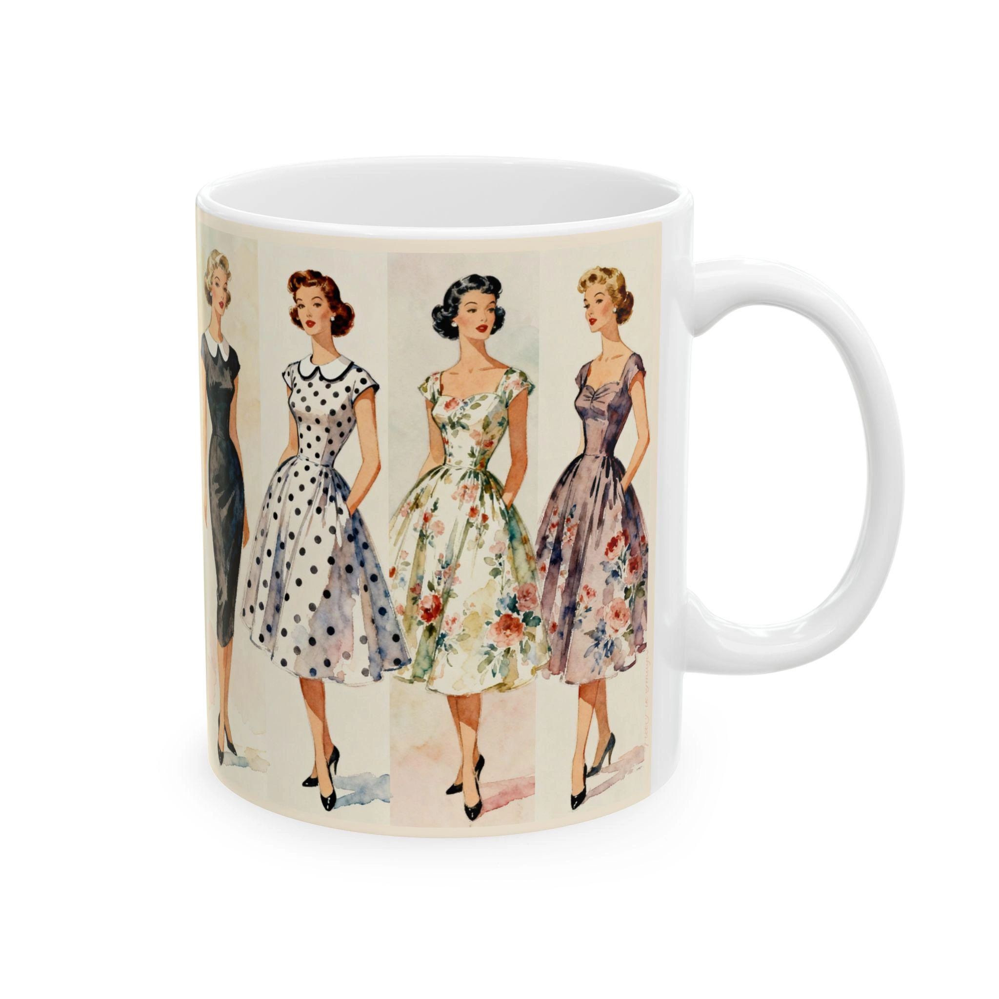Vintage 1950s Dress Illustrations Mug | Retro Fashion Artwork Ceramic