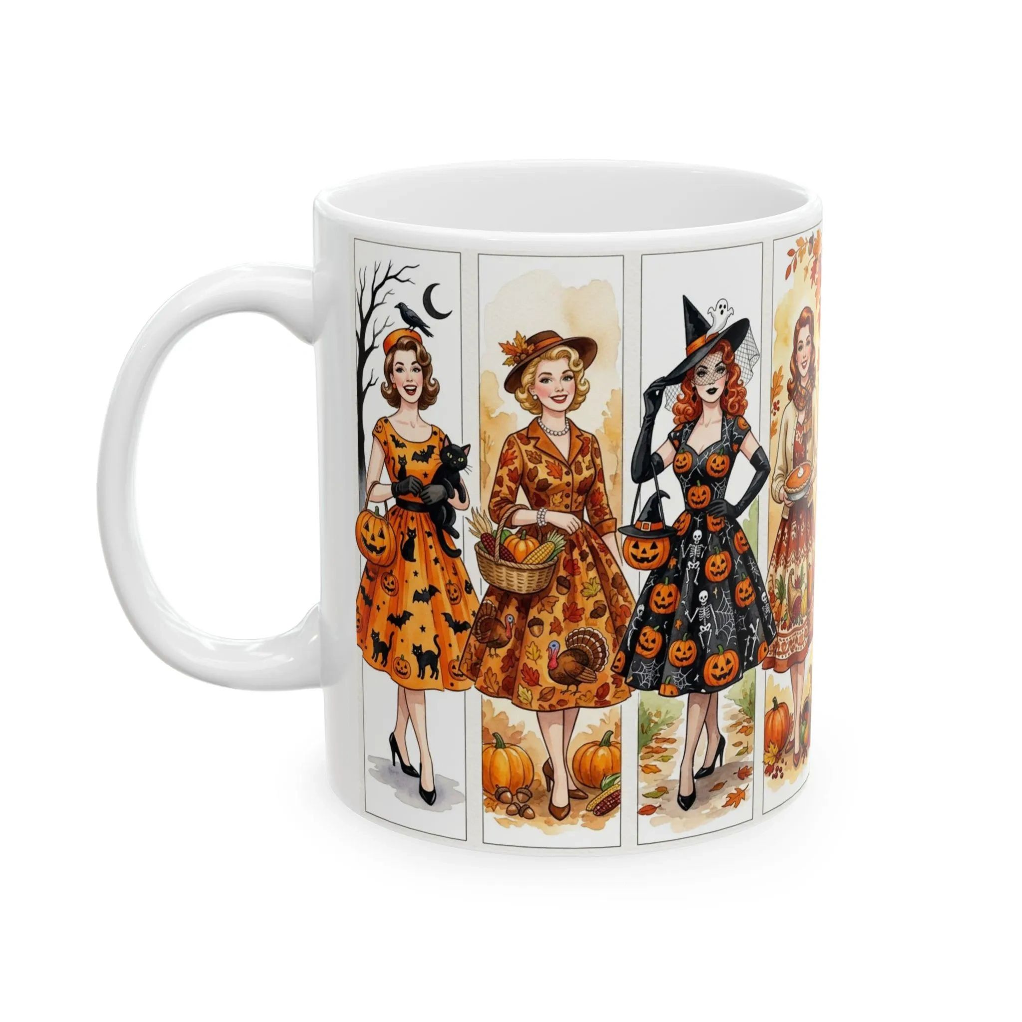 Vintage Pinup Halloween Ladies Mug | Autumn Pumpkin Spice Fall Leaves