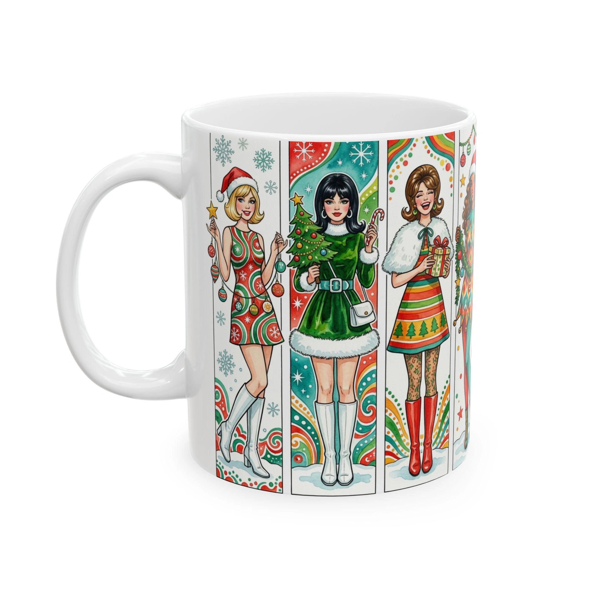 Retro Holiday Pin-Up Groovy Mod Girls Mug | Ceramic Christmas Coffee Cup