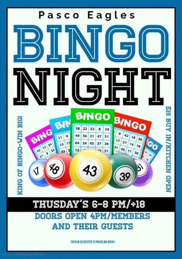 Pasco Eagles Bingo Night event poster with colorful lottery balls.