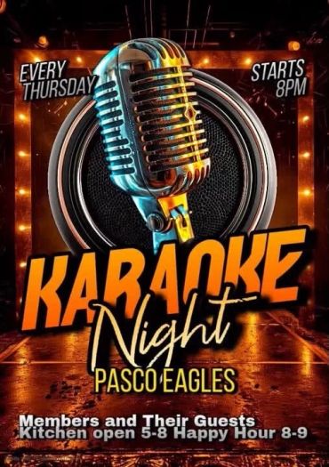 Karaoke night poster at Pasco Eagles every Thursday, 8 PM.
