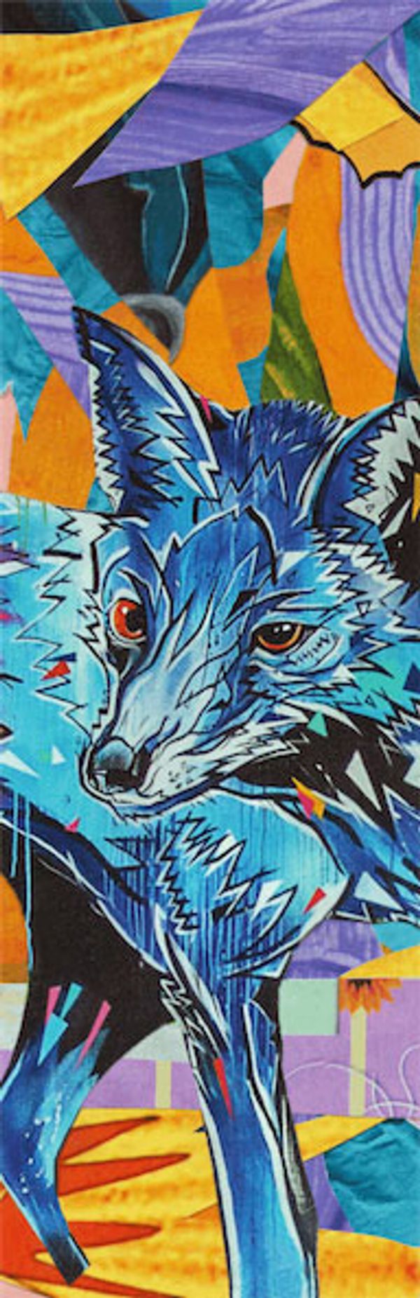 Collage of a vibrant fox with materials sourced from multiple sources and hand-cut.