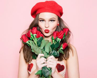 valentines day boudoir photography red roses girl kiss face red lips lingerie 