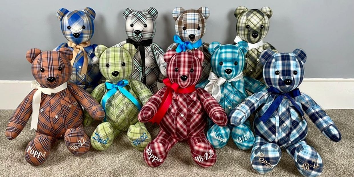 Group of nine bears made from Grandfather's button-down shirts with free custom embroidery on feat.