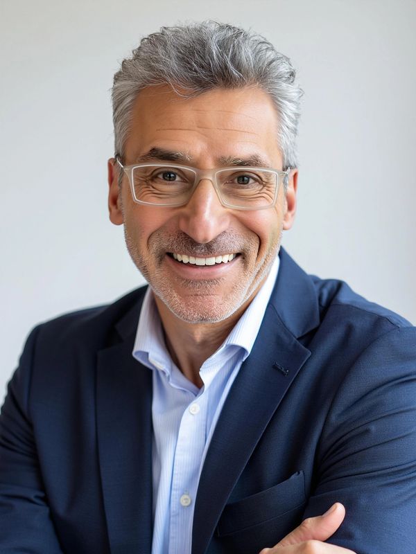 Smiling mature man in glasses wearing a navy blazer and light blue shirt.