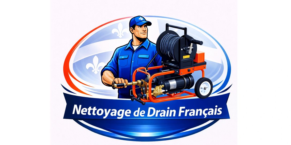 Logo d'un service de nettoyage de drains avec un homme en uniforme bleu.